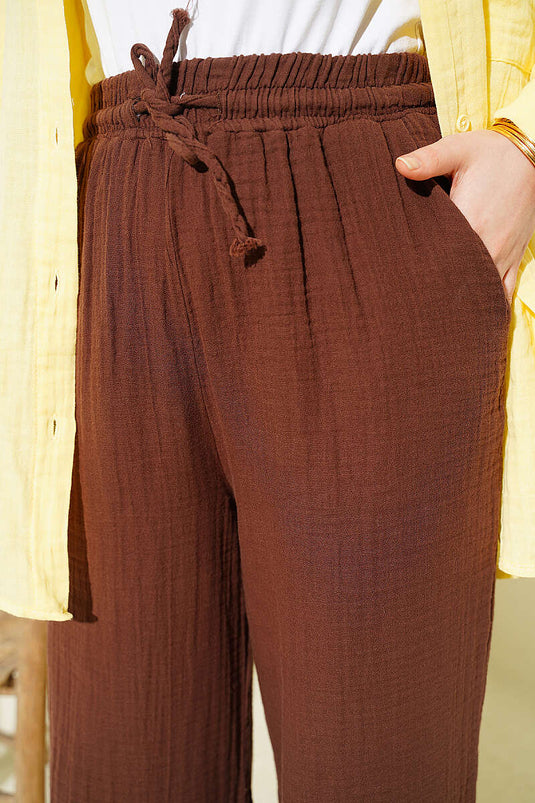 Kaufen Sie weite Musselin-Hose mit Gummizug in Braun