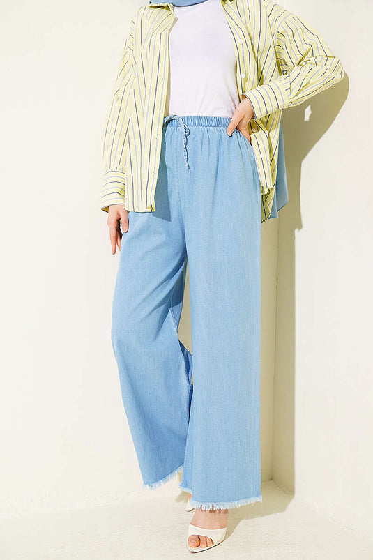Acheter pantalon en jean à large jambe avec élastique et franges, bleu clair