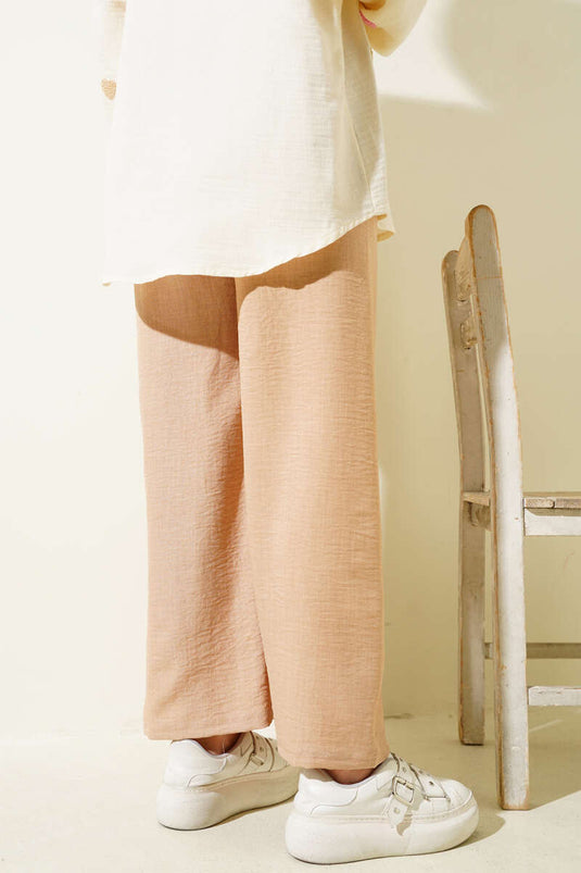 Pantalon camel à taille élastique et jambes larges