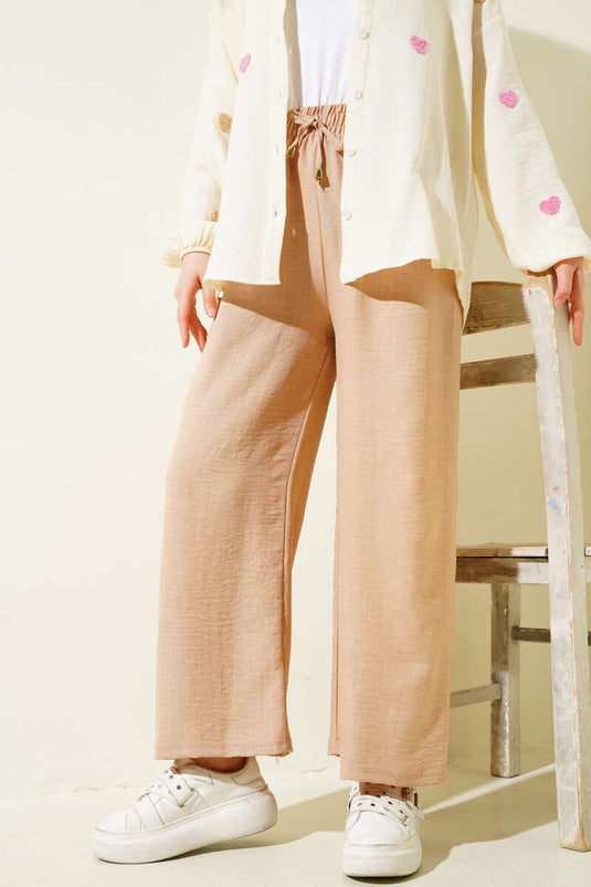 Pantalon camel à taille élastique et jambes larges