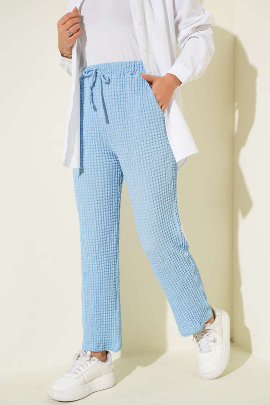 Beli Lastikli Gofre Pantolon Bebe Mavi