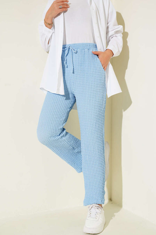 Beli Lastikli Gofre Pantolon Bebe Mavi