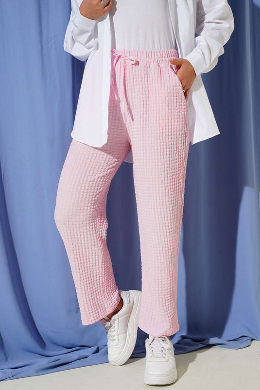 Beli Lastikli Gofre Pantolon Pembe