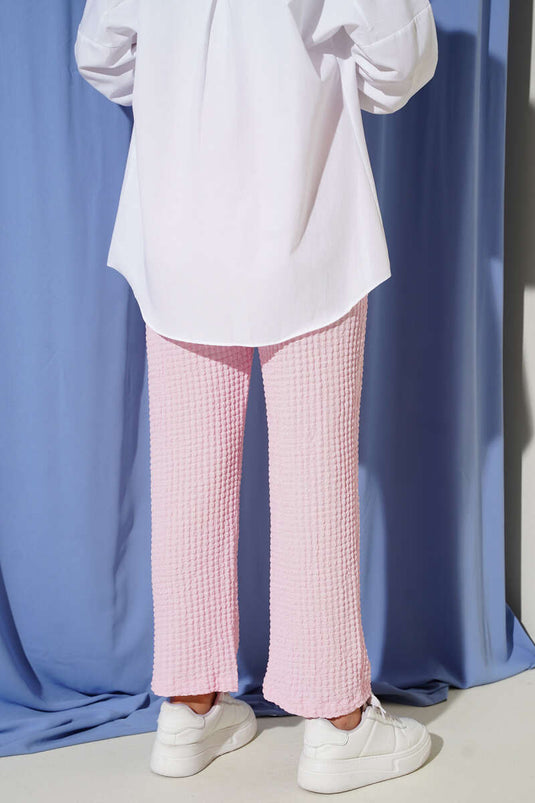 Beli Lastikli Gofre Pantolon Pembe