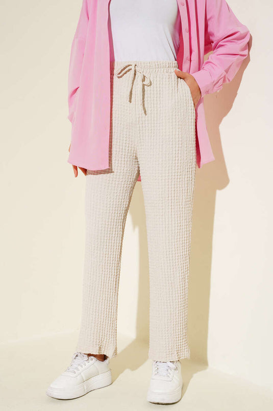 Beli Lastikli Gofre Pantolon Taş