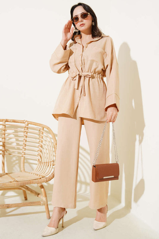 Elastic Waist Chest Pocket Two Piece Set Latte