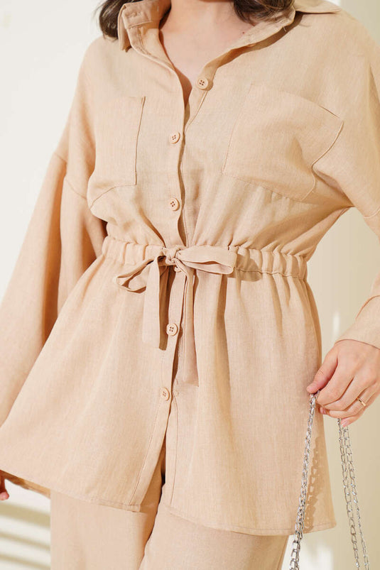 Elastic Waist Chest Pocket Two Piece Set Latte