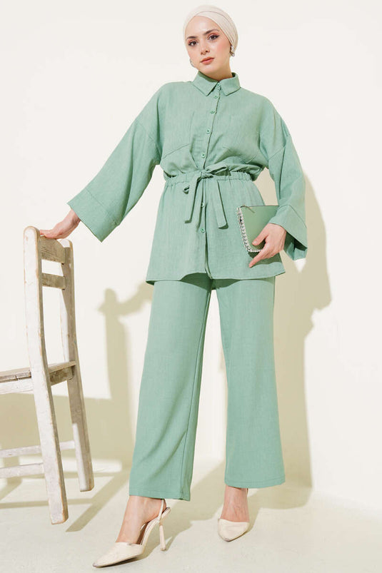 Beli Lastikli Göğüs Cepli İkili Takım Mint