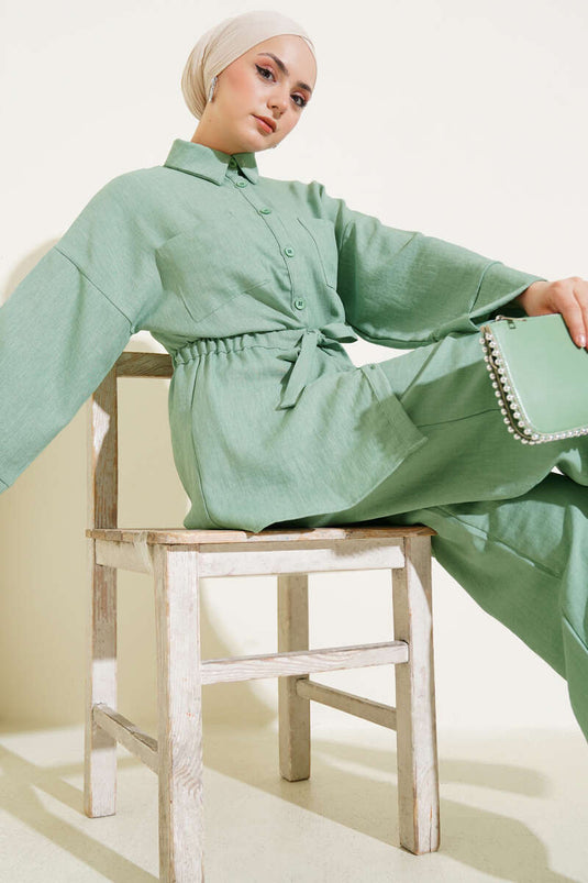 Beli Lastikli Göğüs Cepli İkili Takım Mint