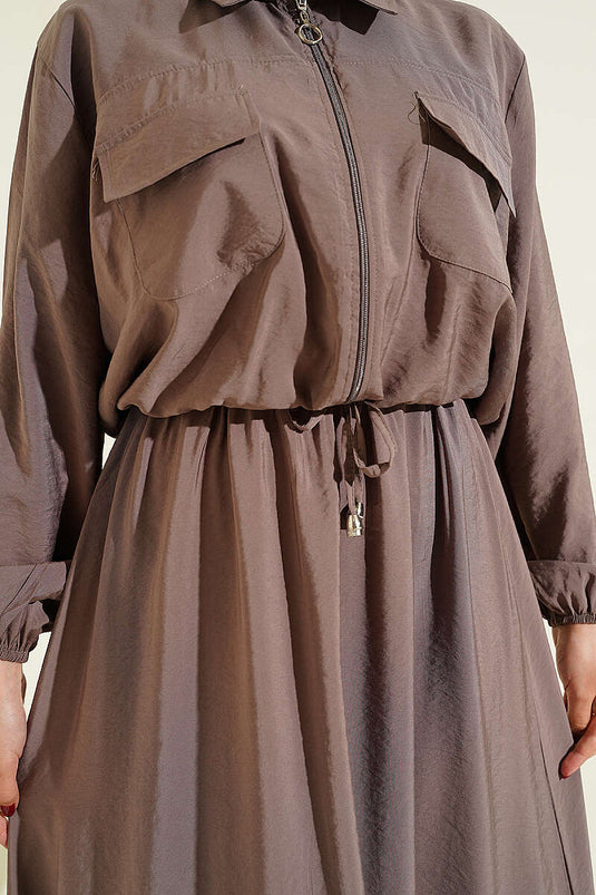 Acheter ensemble jupe salopette à col chemise élastique couleur vison