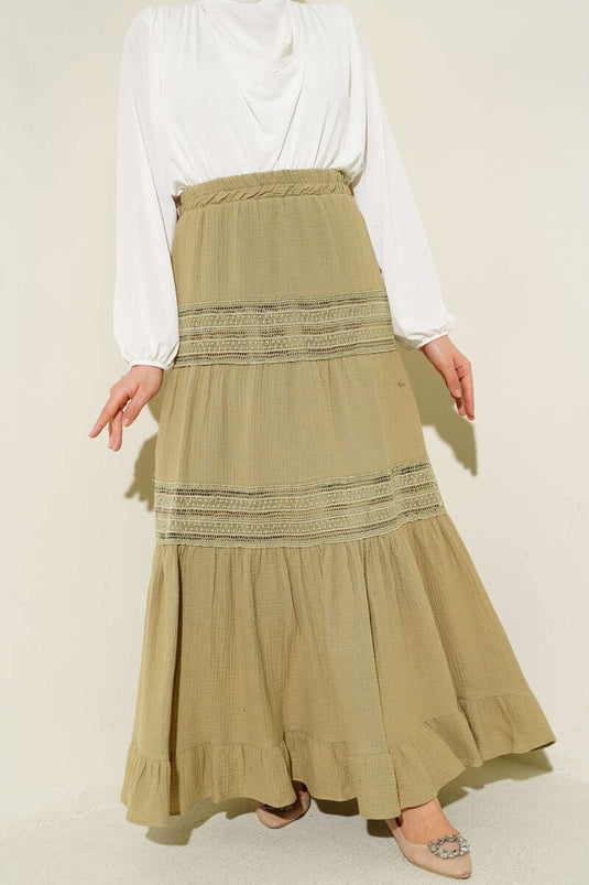 Buy Elastic Lace-Striped Muslin Skirt in Pistachio Green