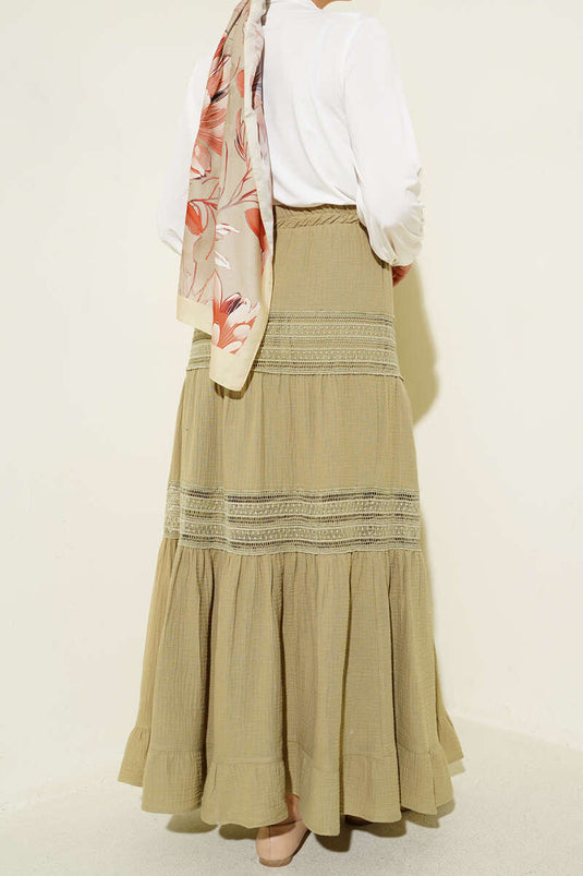 Buy Elastic Lace-Striped Muslin Skirt in Pistachio Green