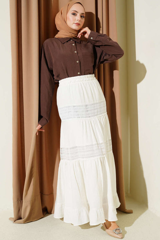Buy Elastic Lace-Striped Muslin Skirt Ecru