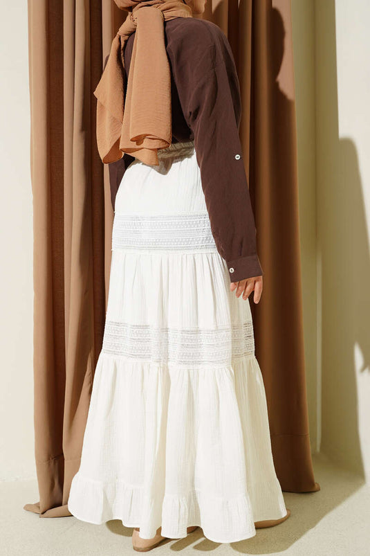 Buy Elastic Lace-Striped Muslin Skirt Ecru