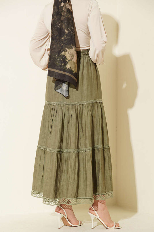 Beli Lastikli Güpürlü Katlı Etek Çağla Yeşili