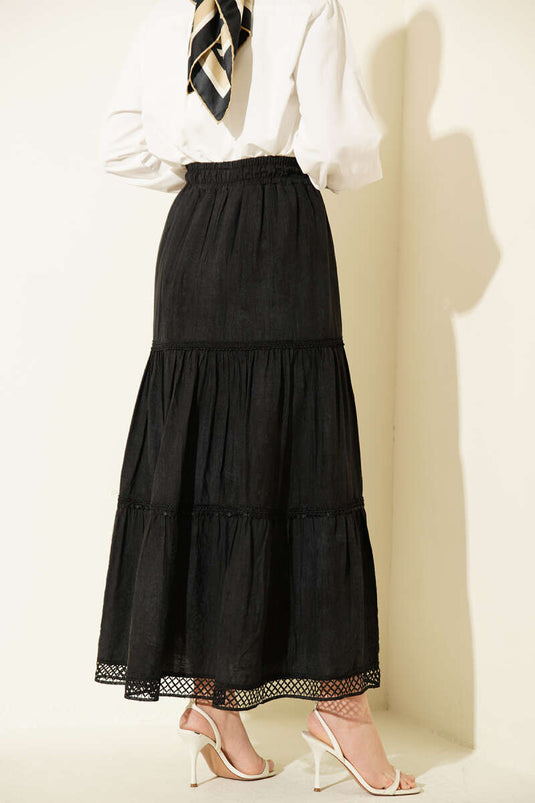 Beli Lastikli Güpürlü Katlı Etek Siyah