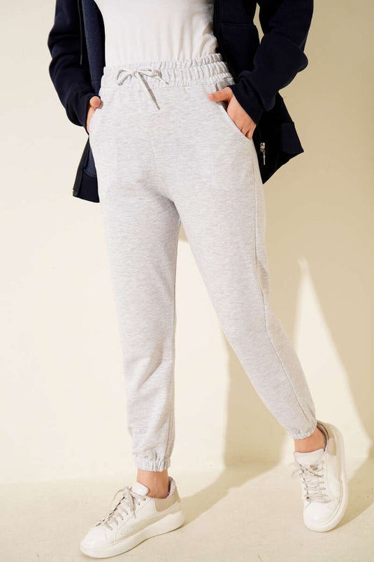 Beli Lastikli İki İplik Pantolon Melanj Gri