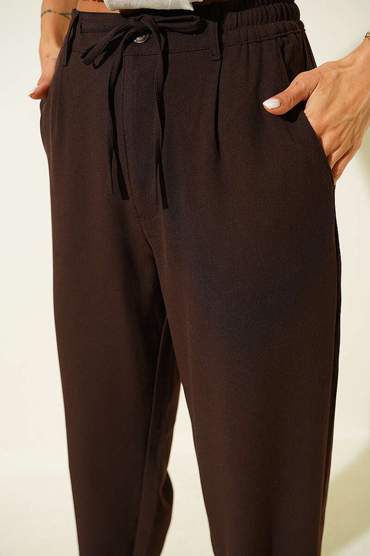 Beli Lastikli İpli Pantolon Kahve