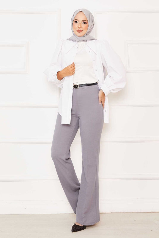 بنطلون رمادي بخصر مطاطي وقصة جرس