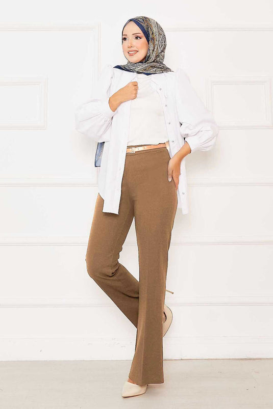 Beli Lastikli İspanyol Paça Pantolon Latte