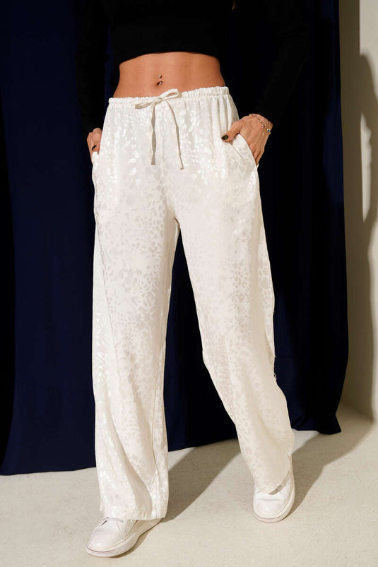 Pantalon large jacquard à taille élastiquée, écru
