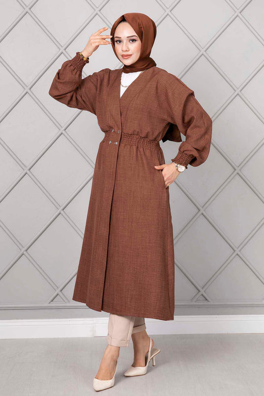 Beli Lastikli Uzun Tesettür Kap Kahve