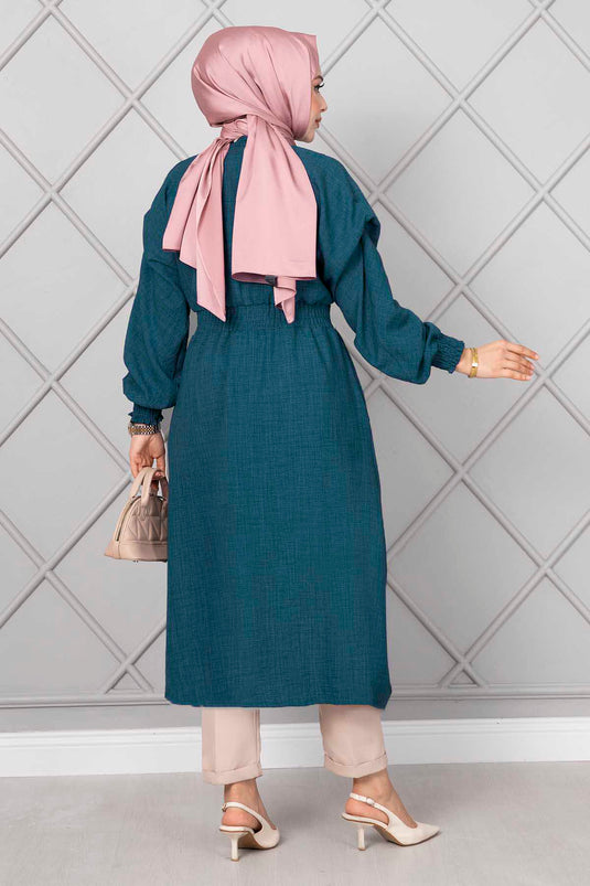 Petrol Colored Long Hijab Coat with Belt