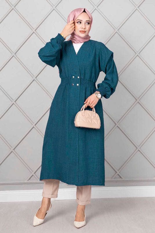 Petrol Colored Long Hijab Coat with Belt