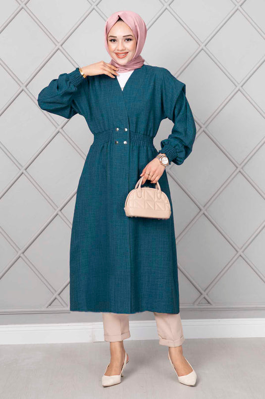 Petrol Colored Long Hijab Coat with Belt
