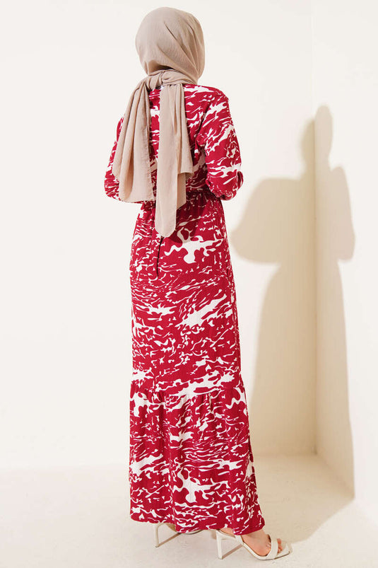 Elastic Waist Mixed Pattern Crepe Dress Burgundy