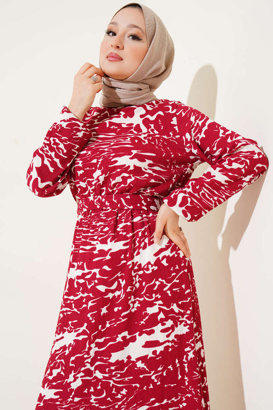 Elastic Waist Mixed Pattern Crepe Dress Burgundy