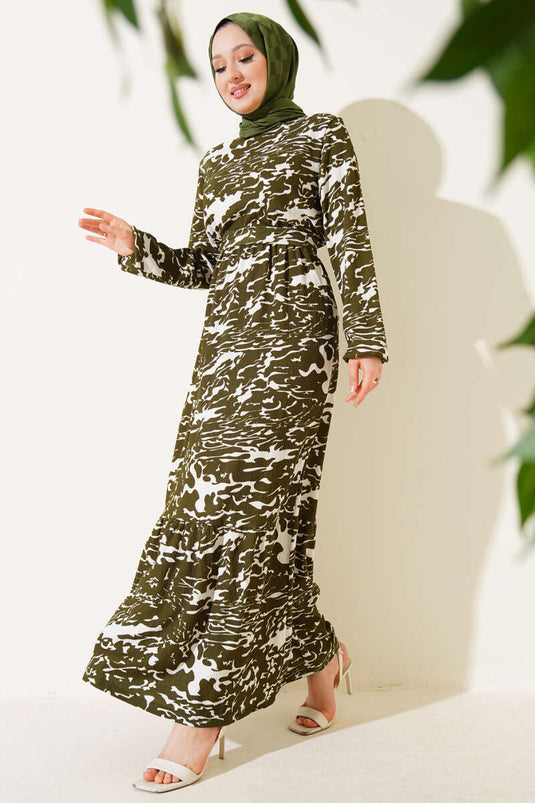 Elastic Waist Mixed Pattern Crepe Dress Khaki