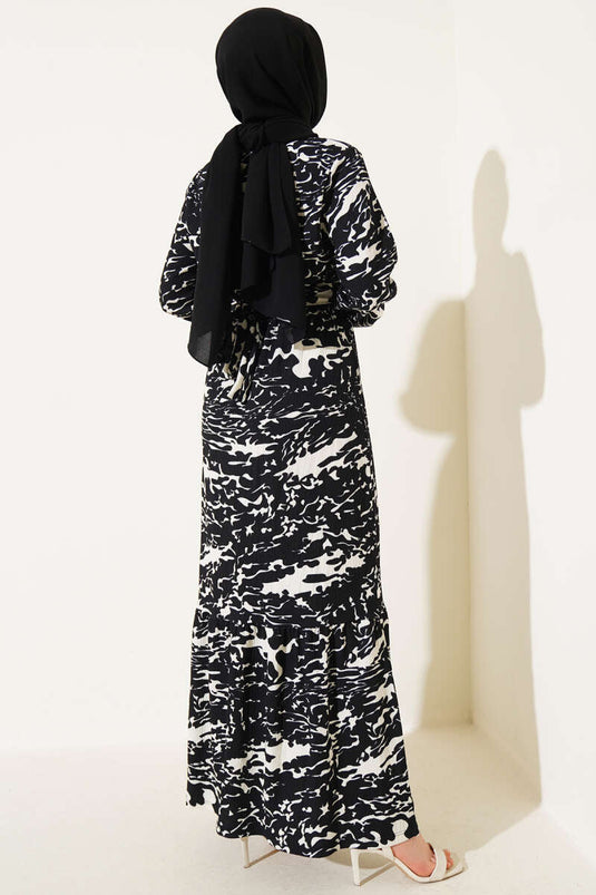 Elastic Waist Mixed Pattern Crepe Dress Black