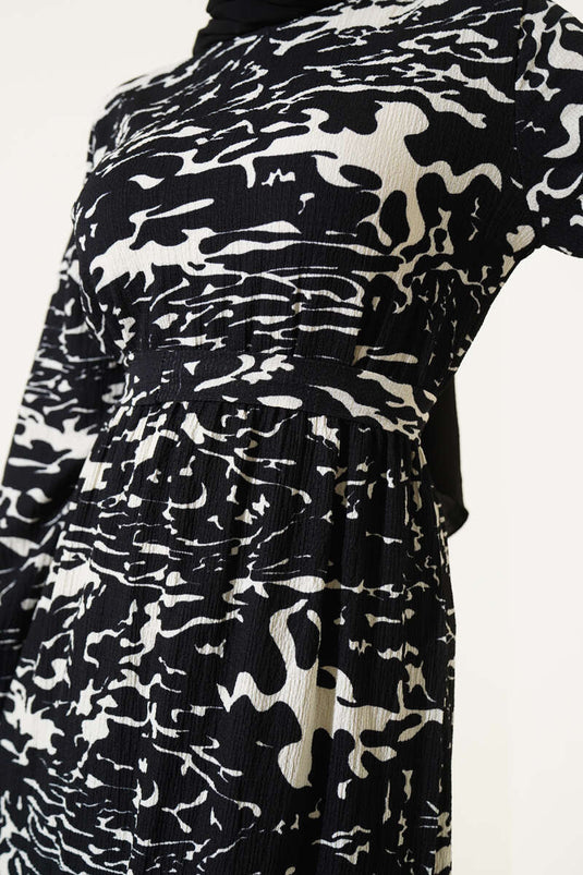 Elastic Waist Mixed Pattern Crepe Dress Black