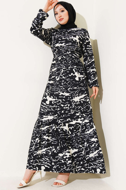 Elastic Waist Mixed Pattern Crepe Dress Black