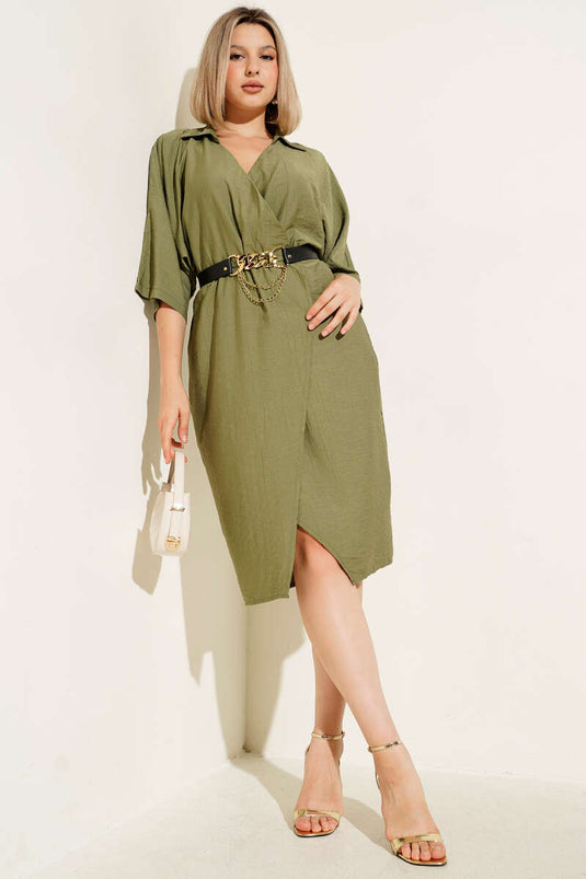 Elastic Waist Belted Midi Dress Khaki