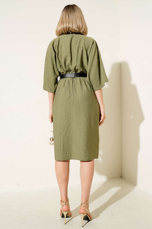 Elastic Waist Belted Midi Dress Khaki