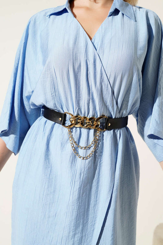 فستان ميدي أزرق بخصر مطاطي وحزام