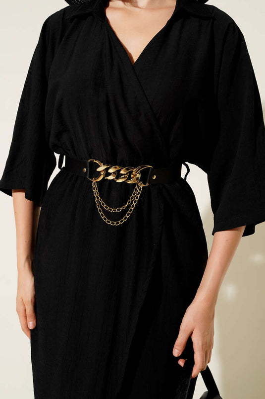 فستان ميدي أسود بخصر مطاطي وحزام