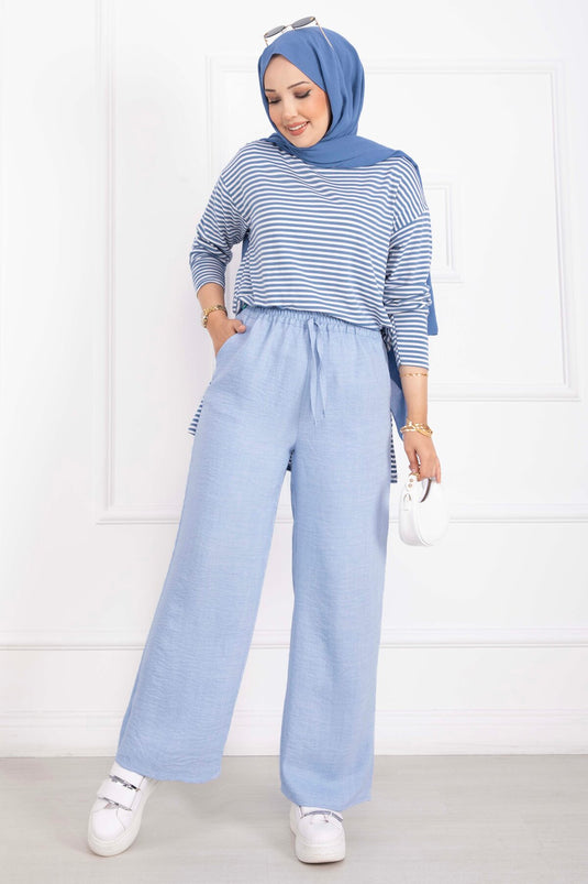 Beli Lastikli Keten Pantolon Bebe Mavisi