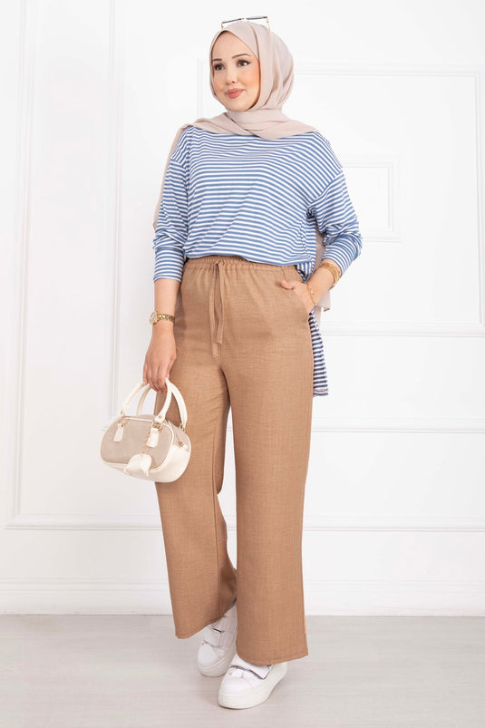 Beli Lastikli Keten Pantolon Camel