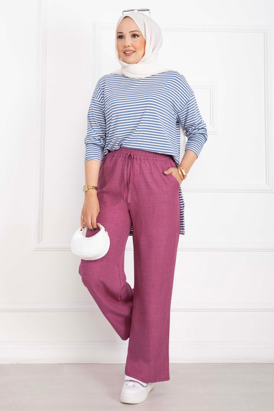Beli Lastikli Keten Pantolon Pembe