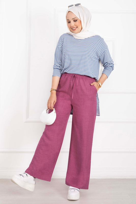 Beli Lastikli Keten Pantolon Pembe