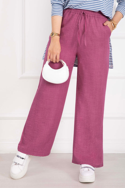 Beli Lastikli Keten Pantolon Pembe