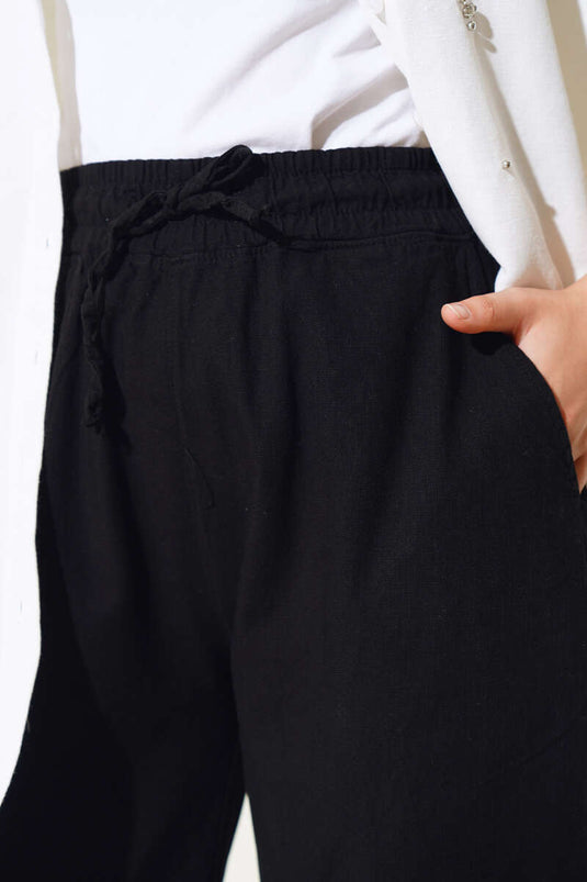 Beli Lastikli Keten Pantolon Siyah