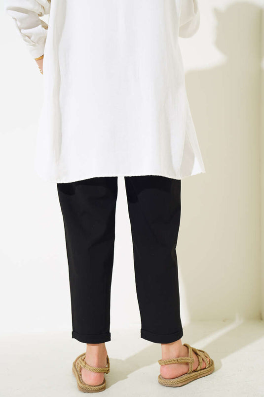 Beli Lastikli Keten Pantolon Siyah