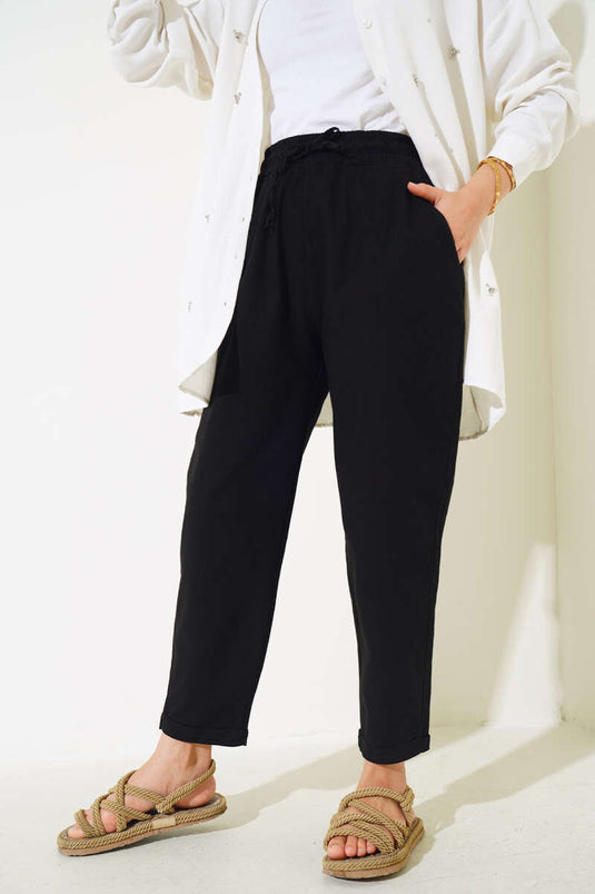 Black Elastic Waist Linen Pants