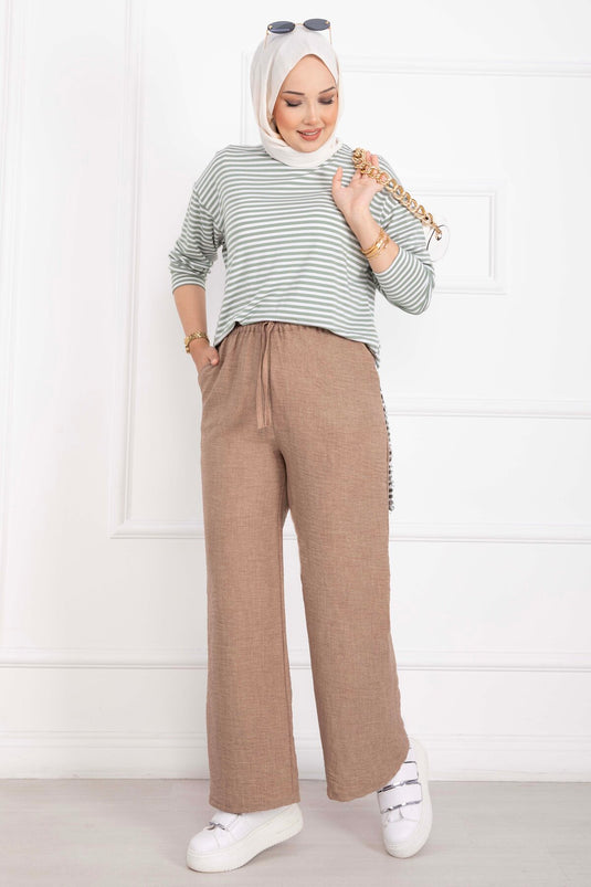 Beli Lastikli Keten Pantolon Vizon