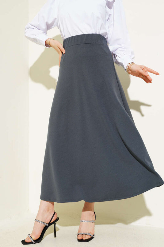 Basic Flared Skirt with Elastic Waistband, Smoke Grey