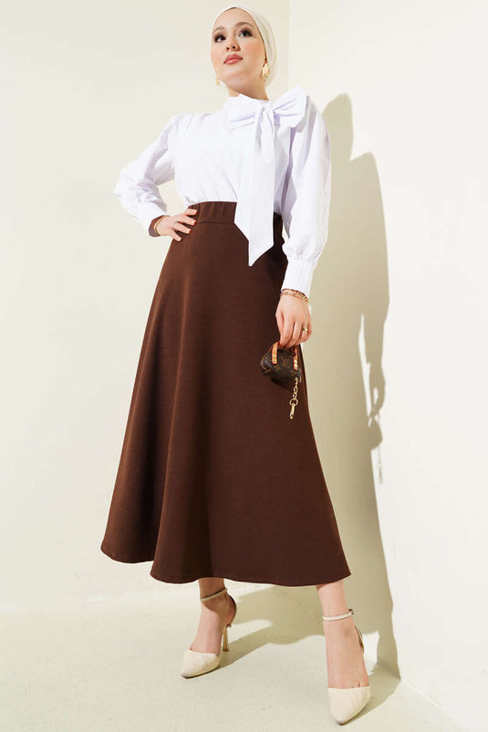 تنورة أساسية واسعة بخصر مطاطي، بني